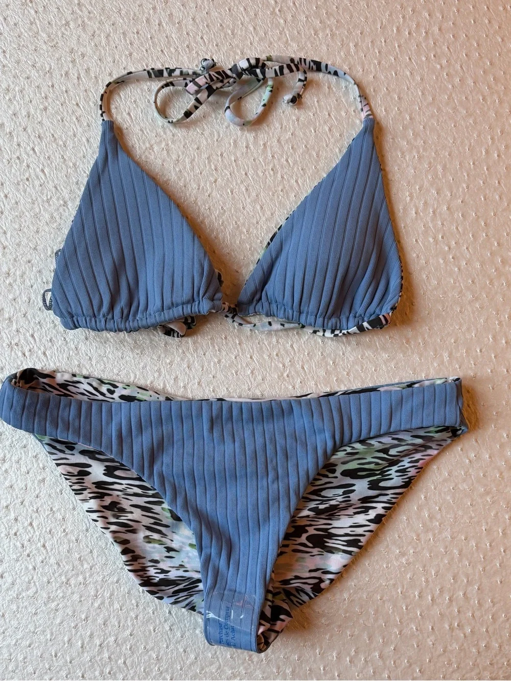 NWT BECCA Blue Animal Instincts Reversible String Bikini Set M Top & L Bottoms